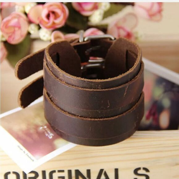 Men's Wide Leather Belt Strap Buckle Adjustable Cuff Bangle Wristband Bracelet - Picture 7 of 9